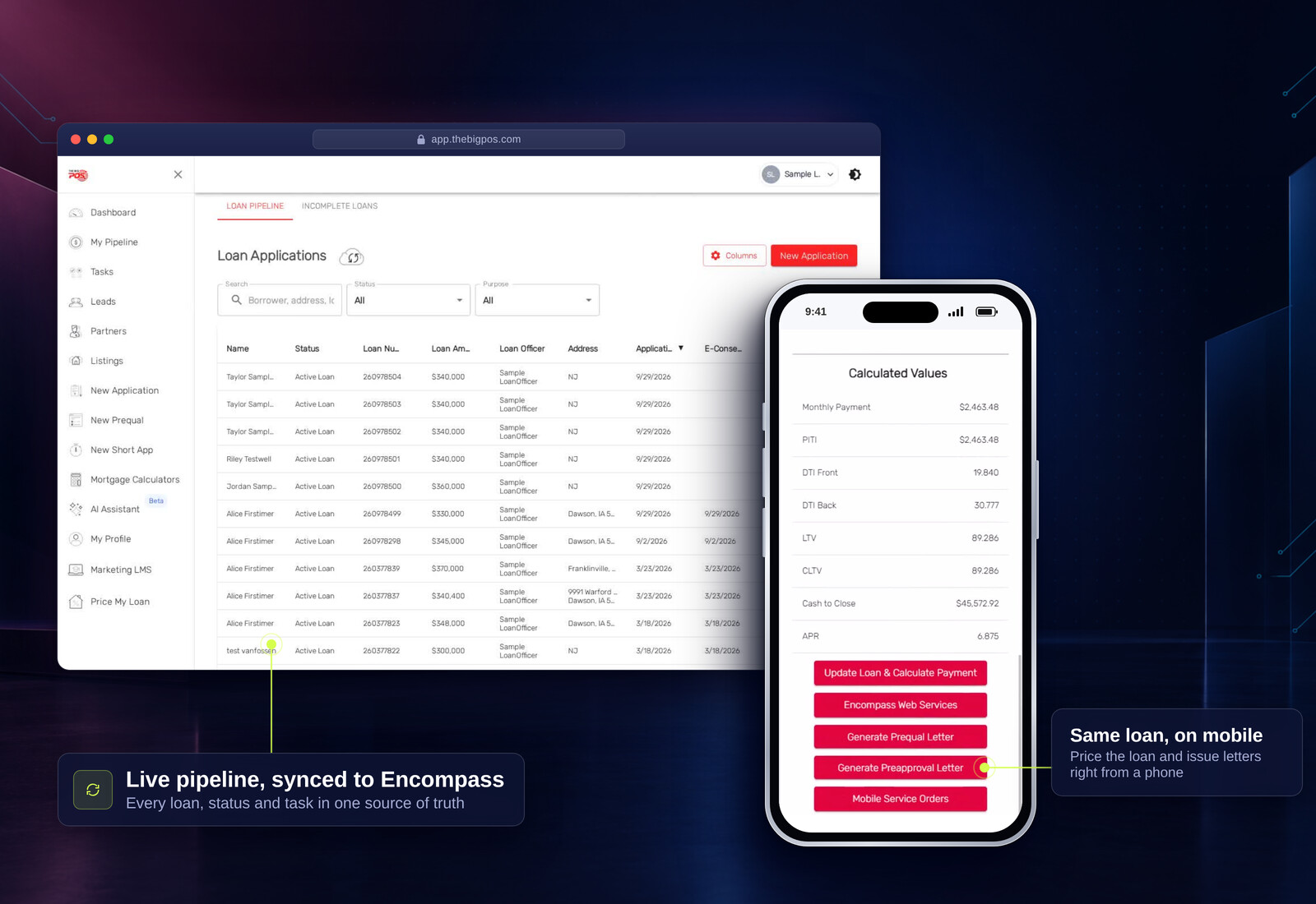 BIG POS loan pipeline on desktop and the same loan's calculated values and pre-approval actions on a phone
